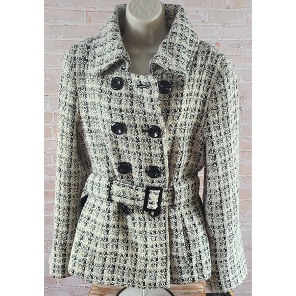 Via Spiga Wool Blend Mid Length Lined Belt Black/Cream Coat Jacket Women's Large - Picture 1 of 16